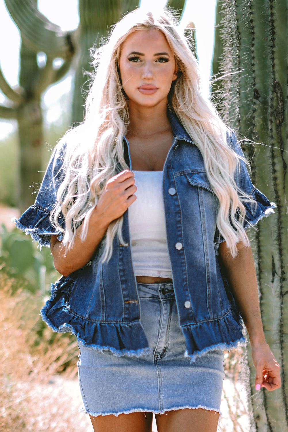 Peacock Ruffled Short Sleeve Denim Jacket