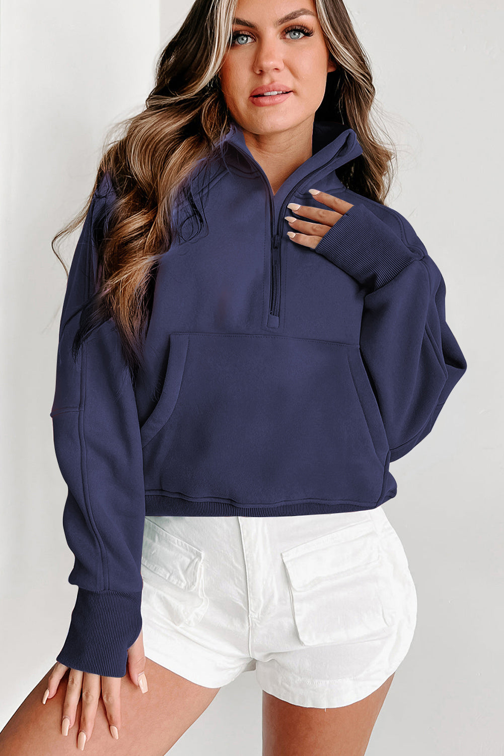 Zip Up Pop Collar Ribbed Sweatshirt
