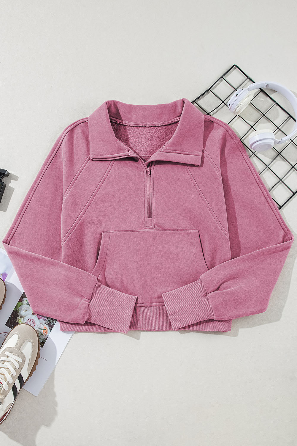 Zip Up Pop Collar Ribbed Sweatshirt