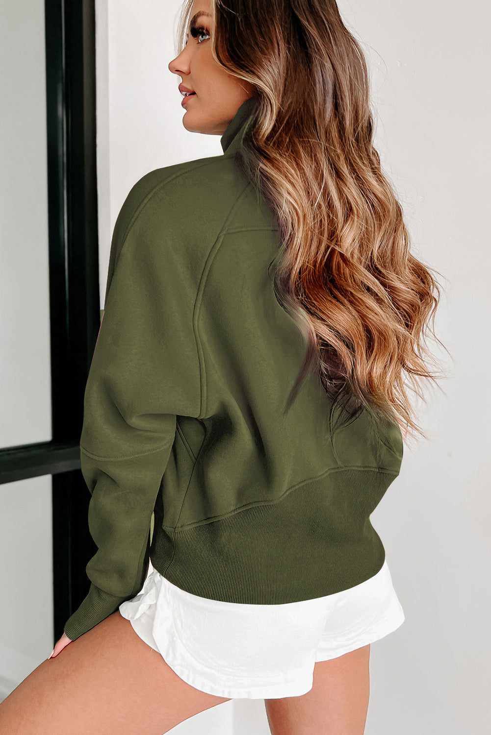 Zip Up Pop Collar Ribbed Sweatshirt