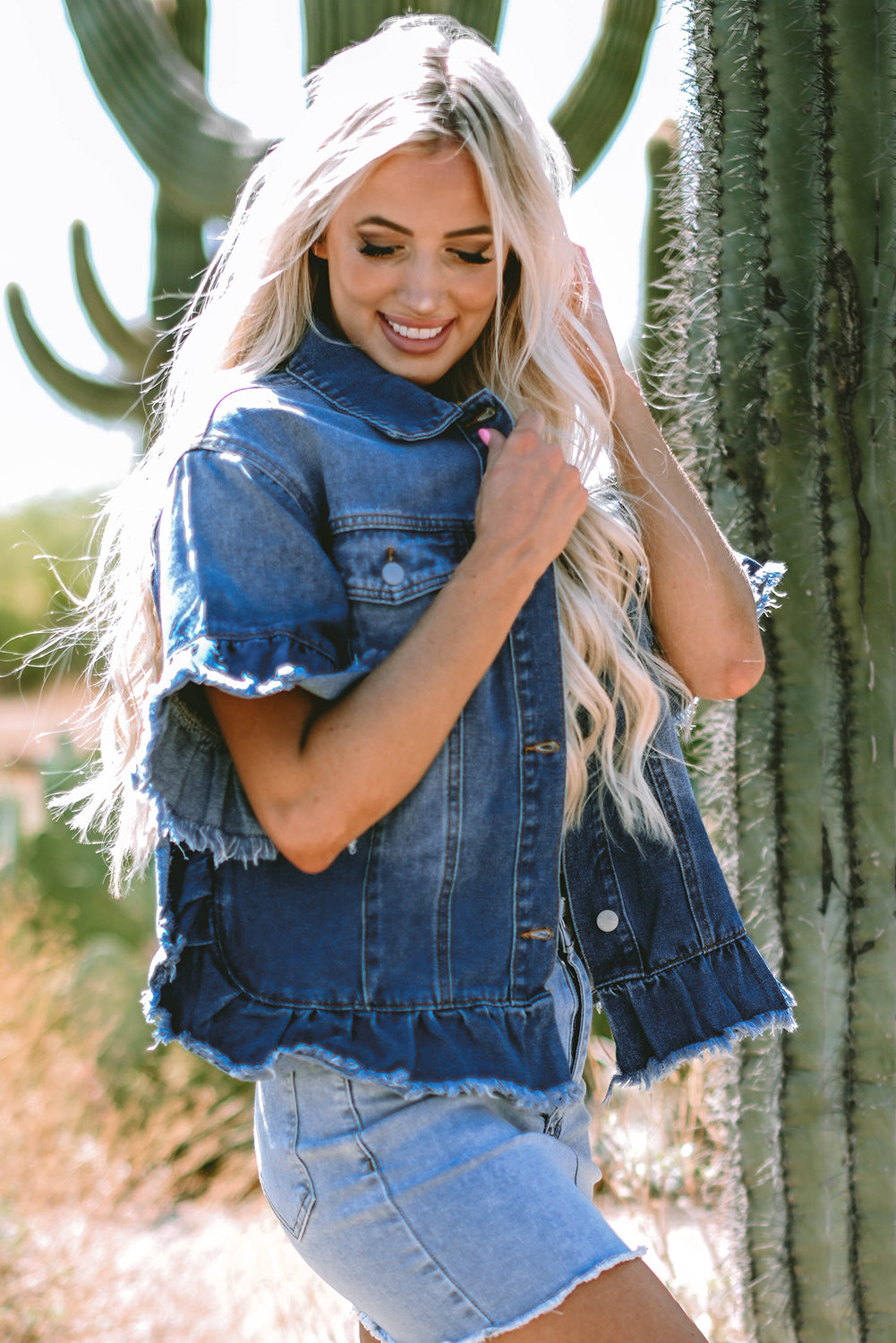 Peacock Ruffled Short Sleeve Denim Jacket