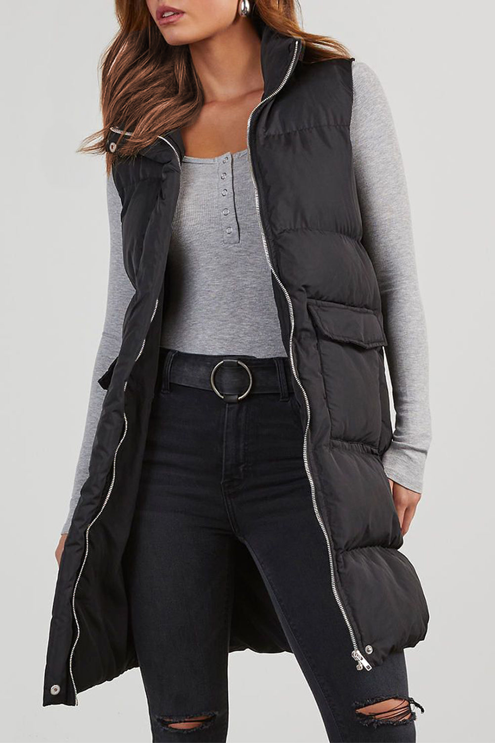 Pocketed Long Puffer Vest
