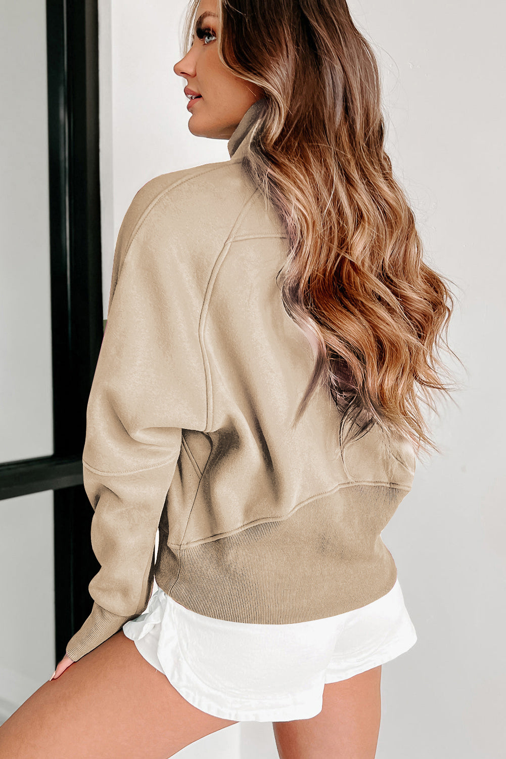 Zip Up Pop Collar Ribbed Sweatshirt