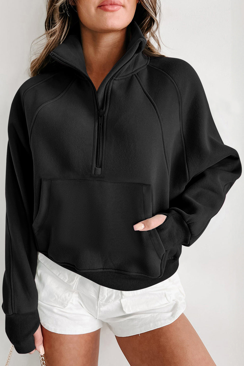Zip Up Pop Collar Ribbed Sweatshirt