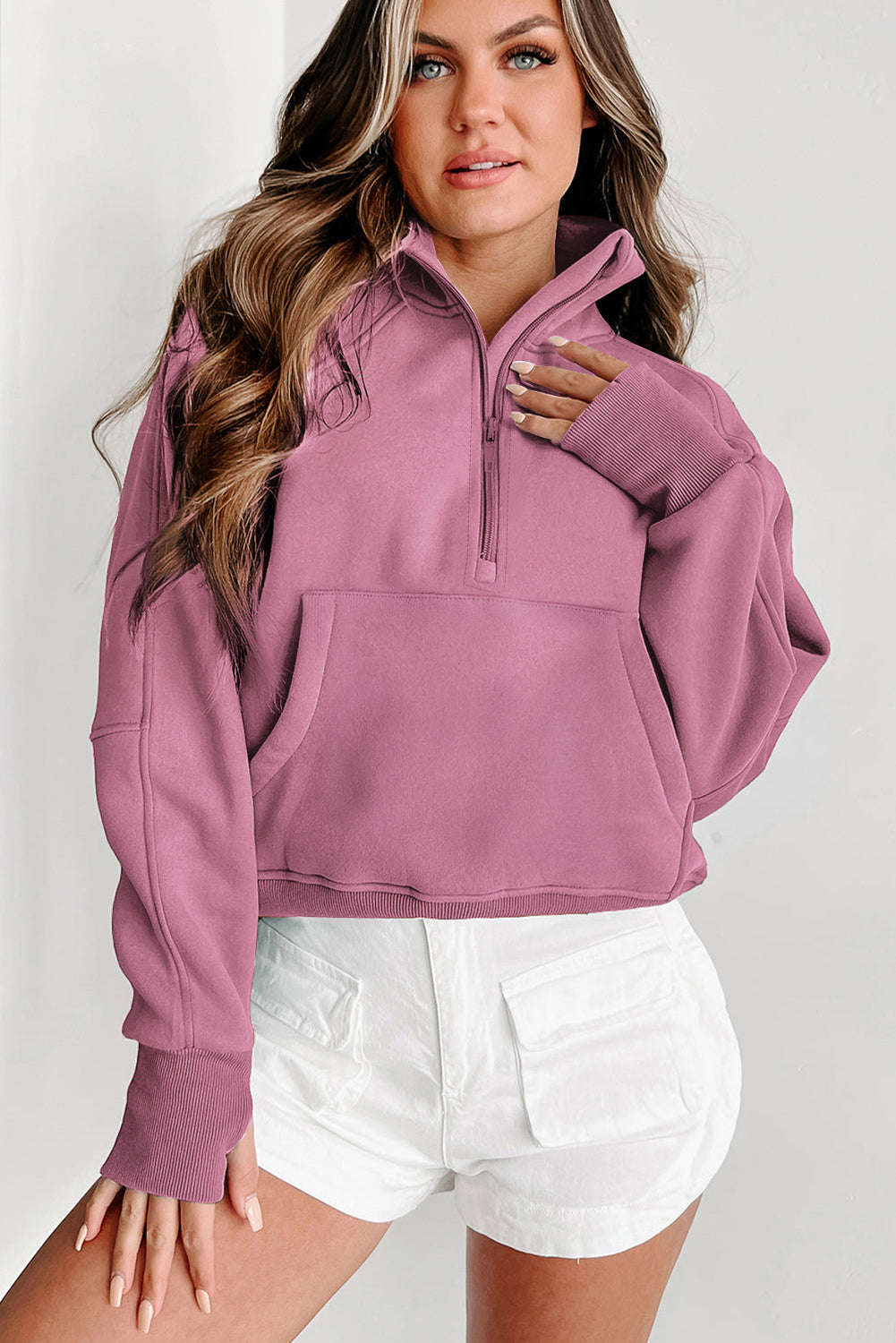 Zip Up Pop Collar Ribbed Sweatshirt