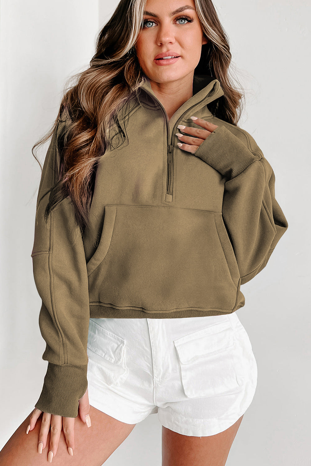 Zip Up Pop Collar Ribbed Sweatshirt