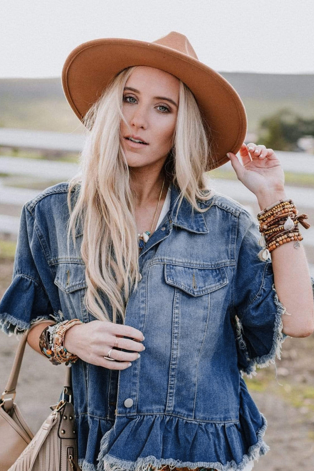 Peacock Ruffled Short Sleeve Denim Jacket