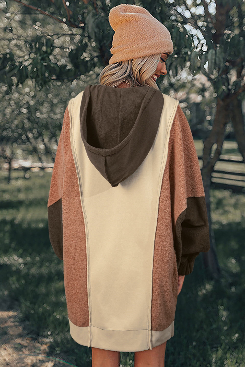 Beige Oversized Patchwork High Low Hoodie