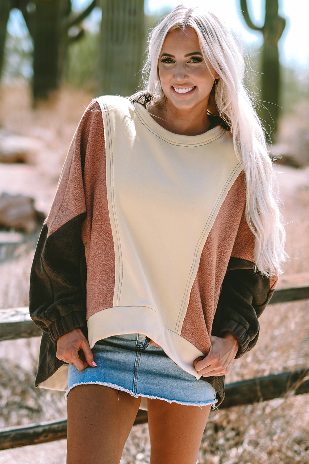 Beige Oversized Patchwork High Low Hoodie