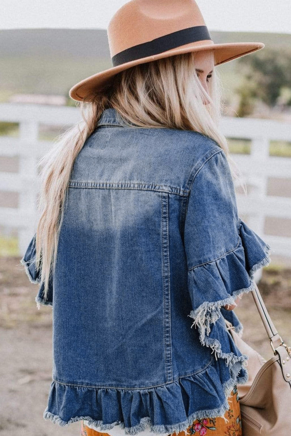 Peacock Ruffled Short Sleeve Denim Jacket