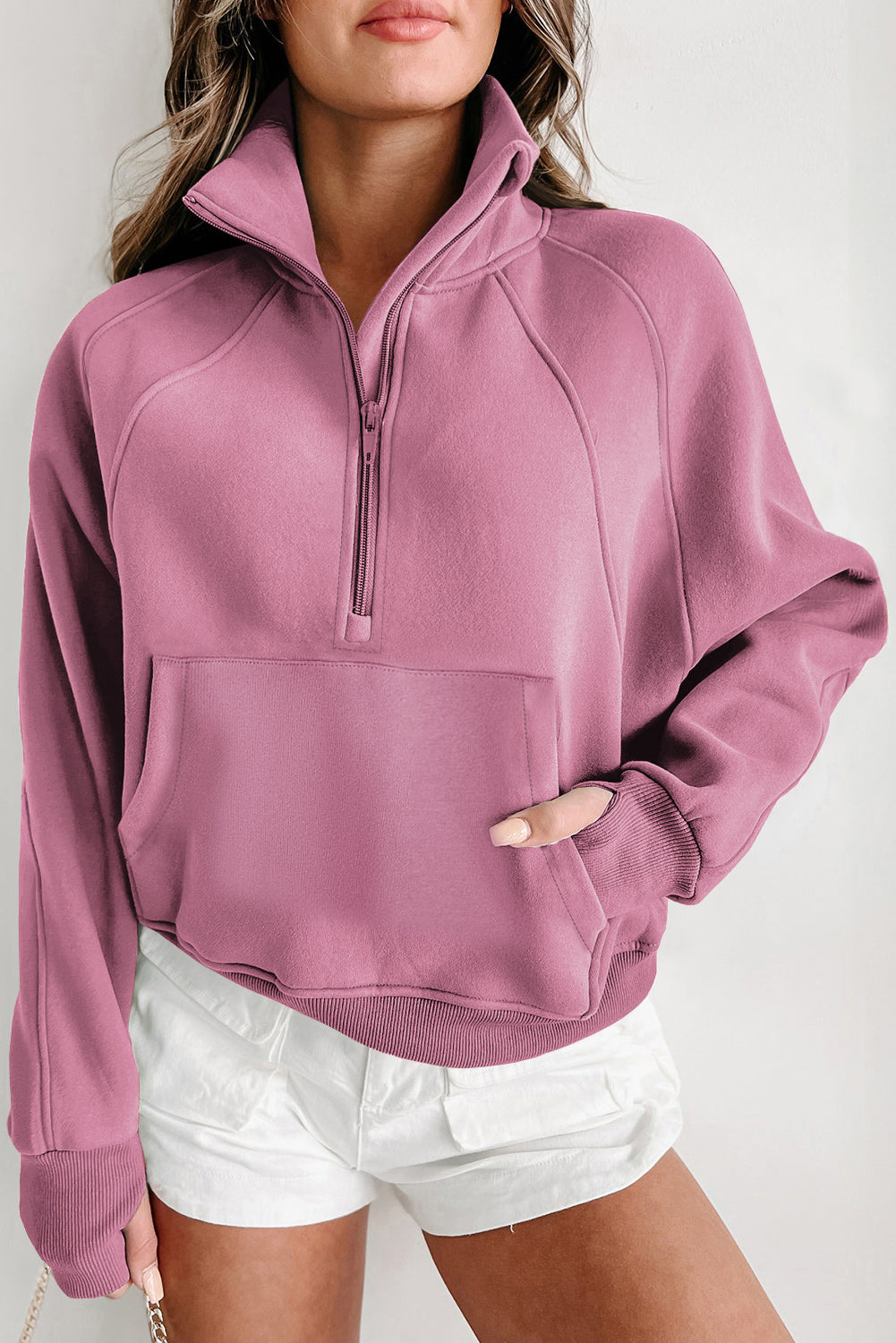 Zip Up Pop Collar Ribbed Sweatshirt