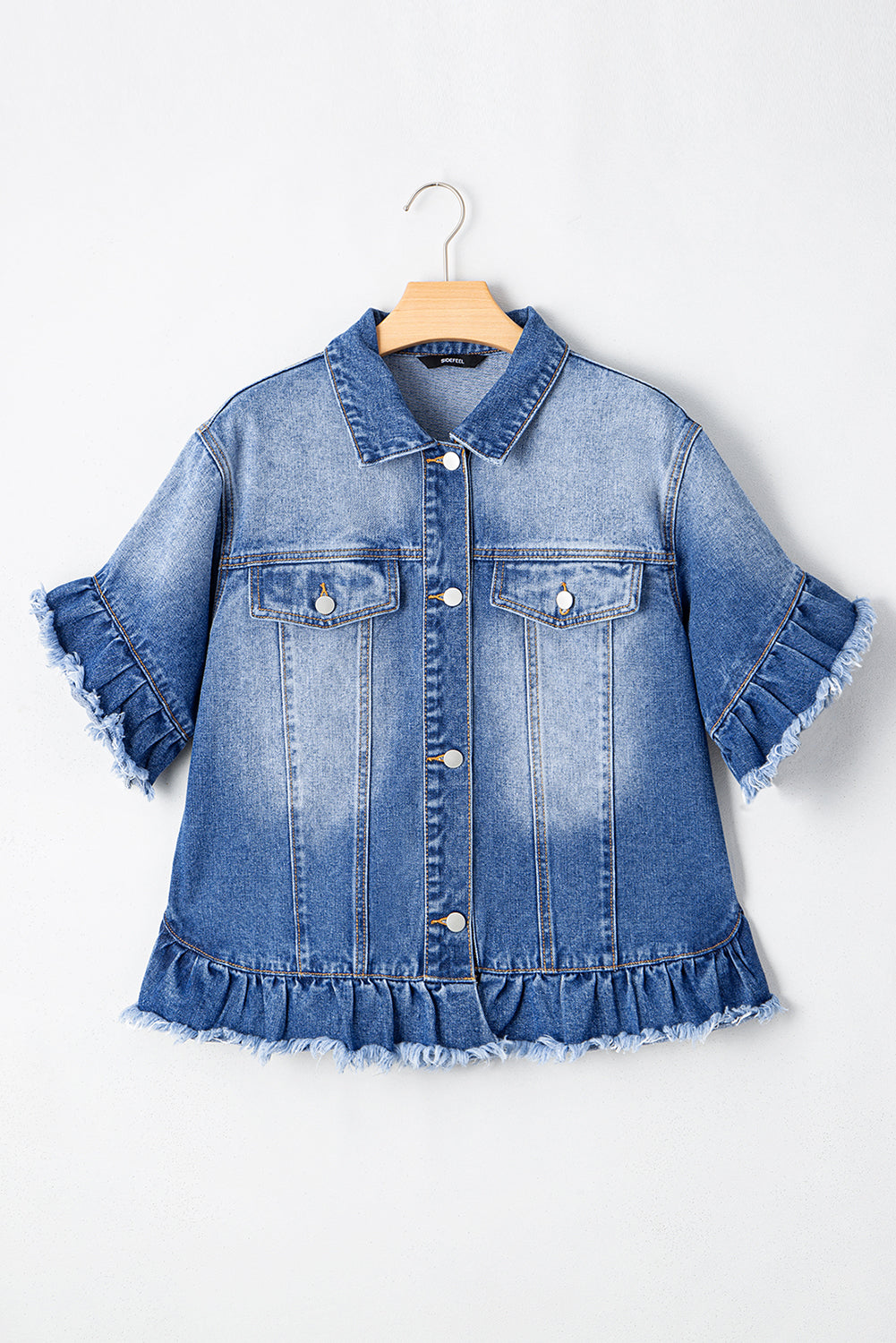 Peacock Ruffled Short Sleeve Denim Jacket