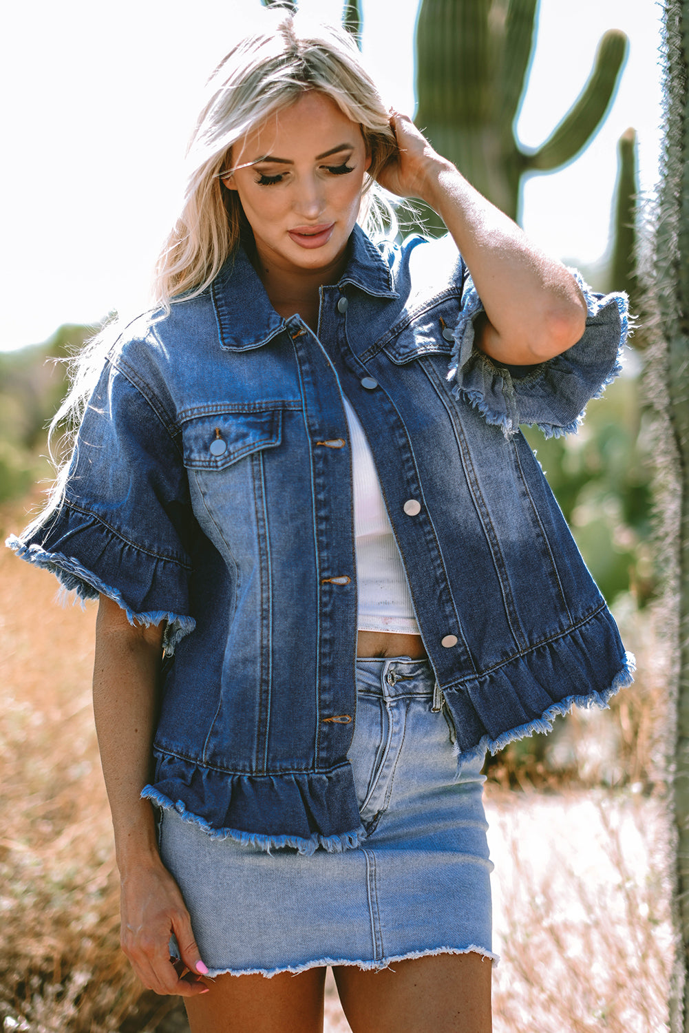 Peacock Ruffled Short Sleeve Denim Jacket
