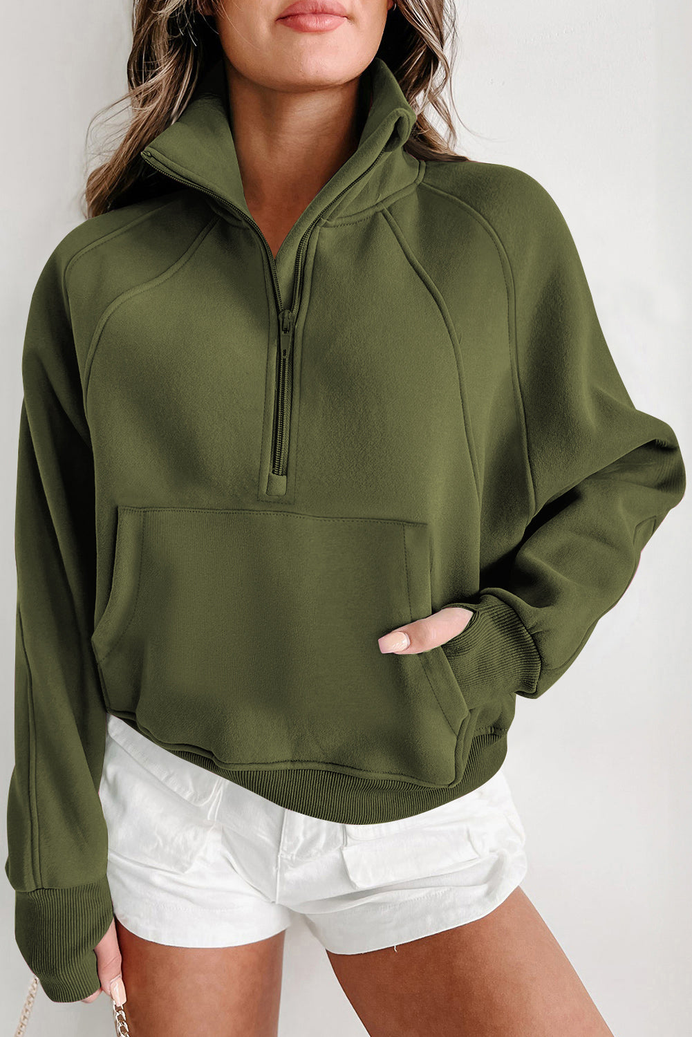 Zip Up Pop Collar Ribbed Sweatshirt