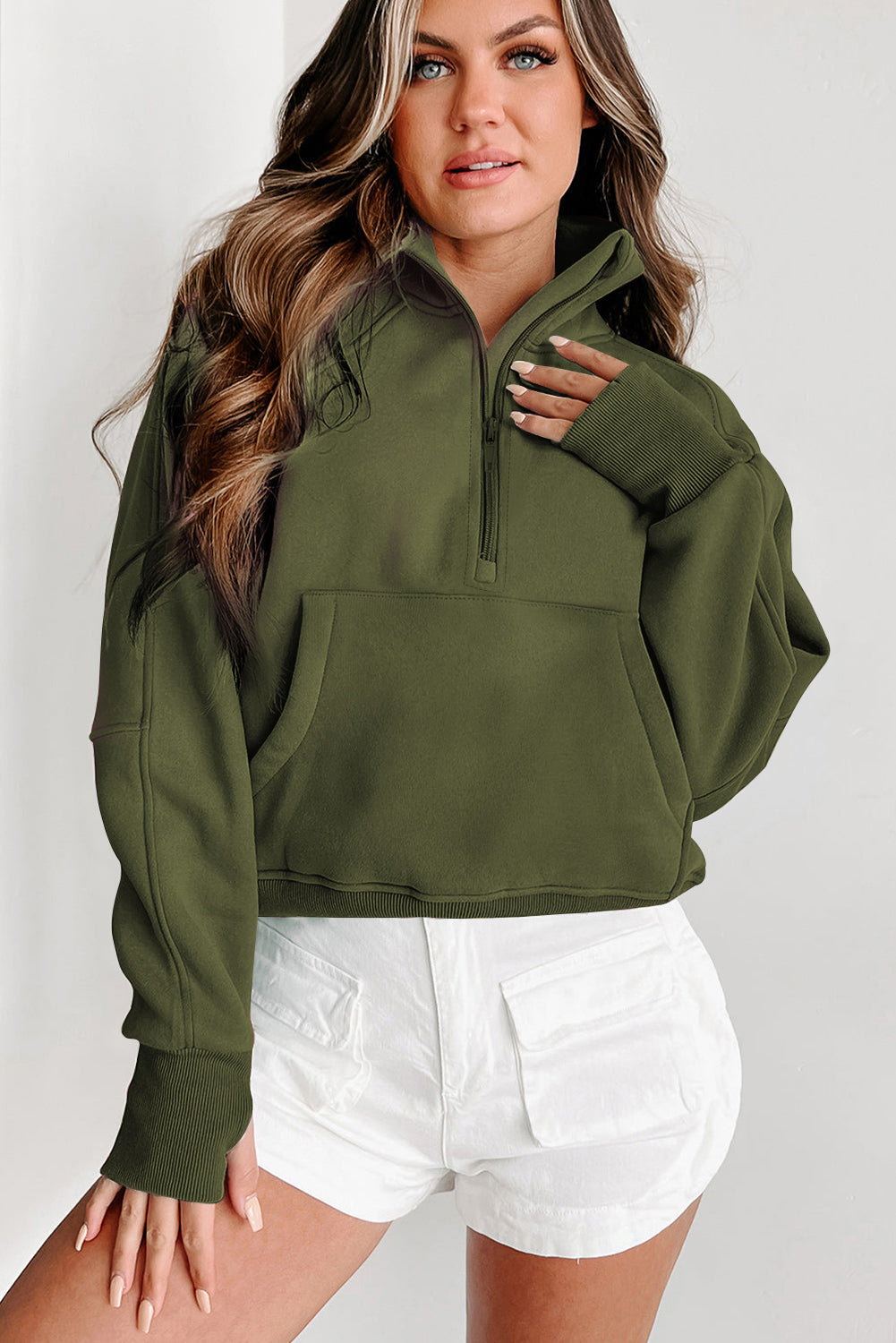 Zip Up Pop Collar Ribbed Sweatshirt