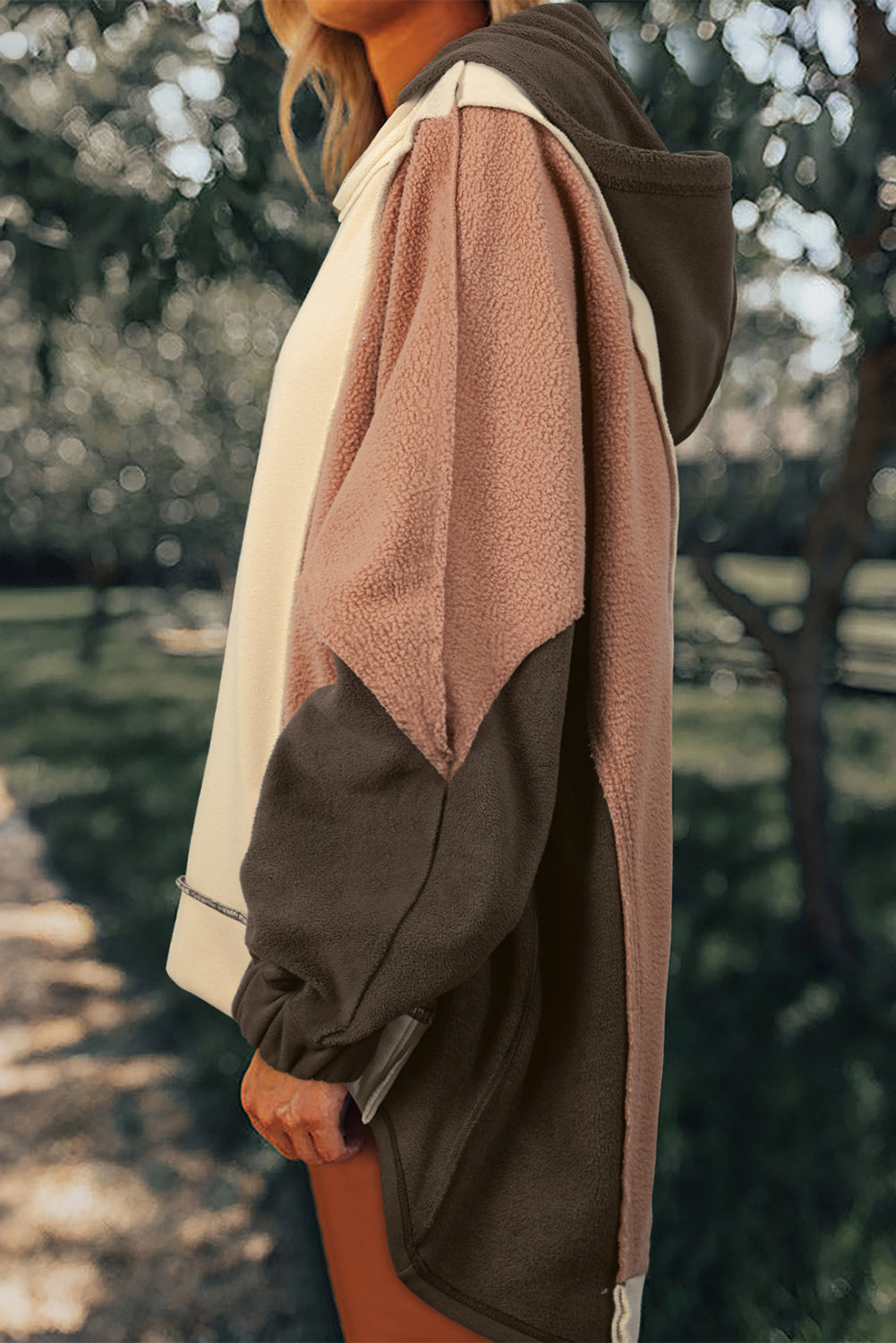 Beige Oversized Patchwork High Low Hoodie
