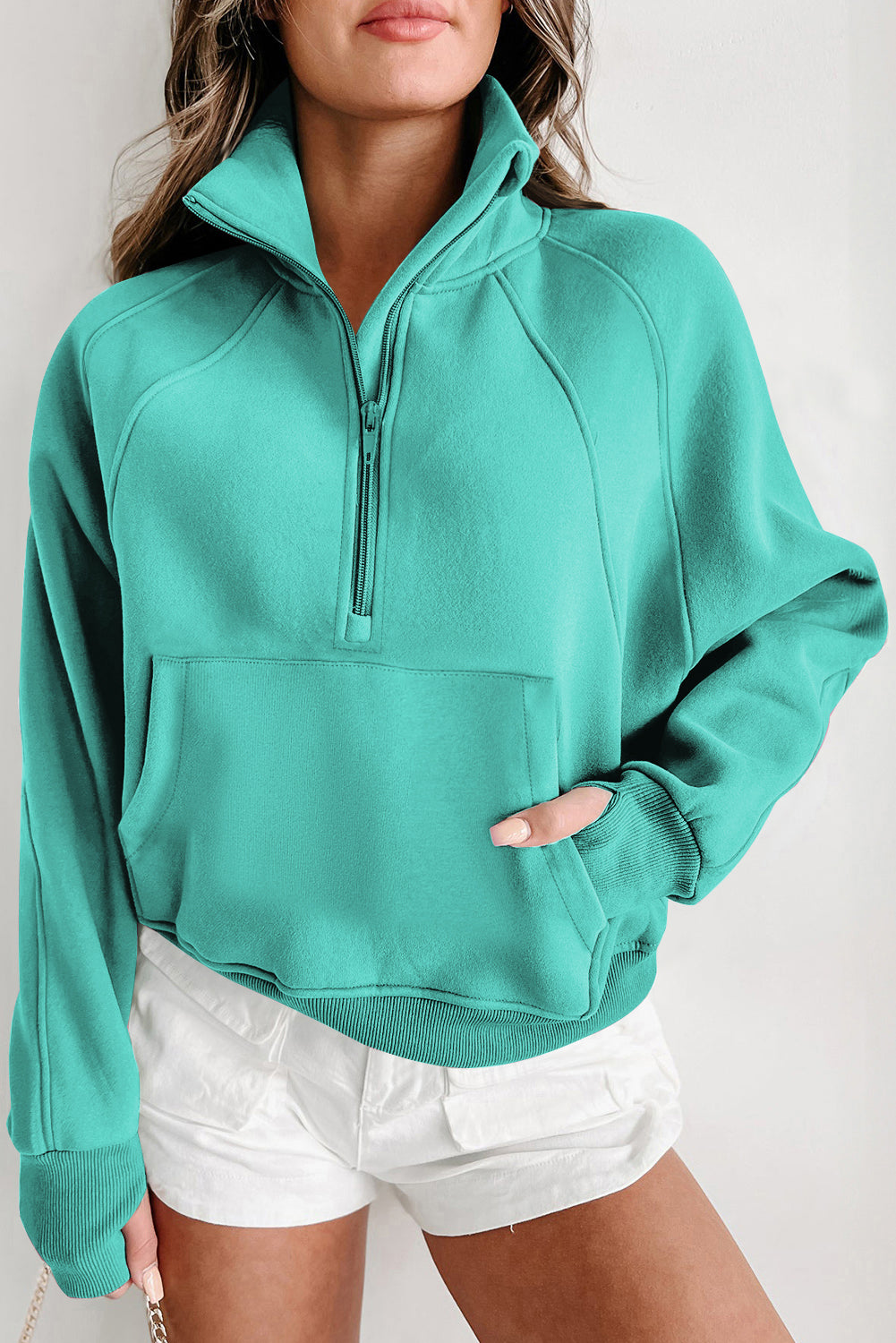 Zip Up Pop Collar Ribbed Sweatshirt
