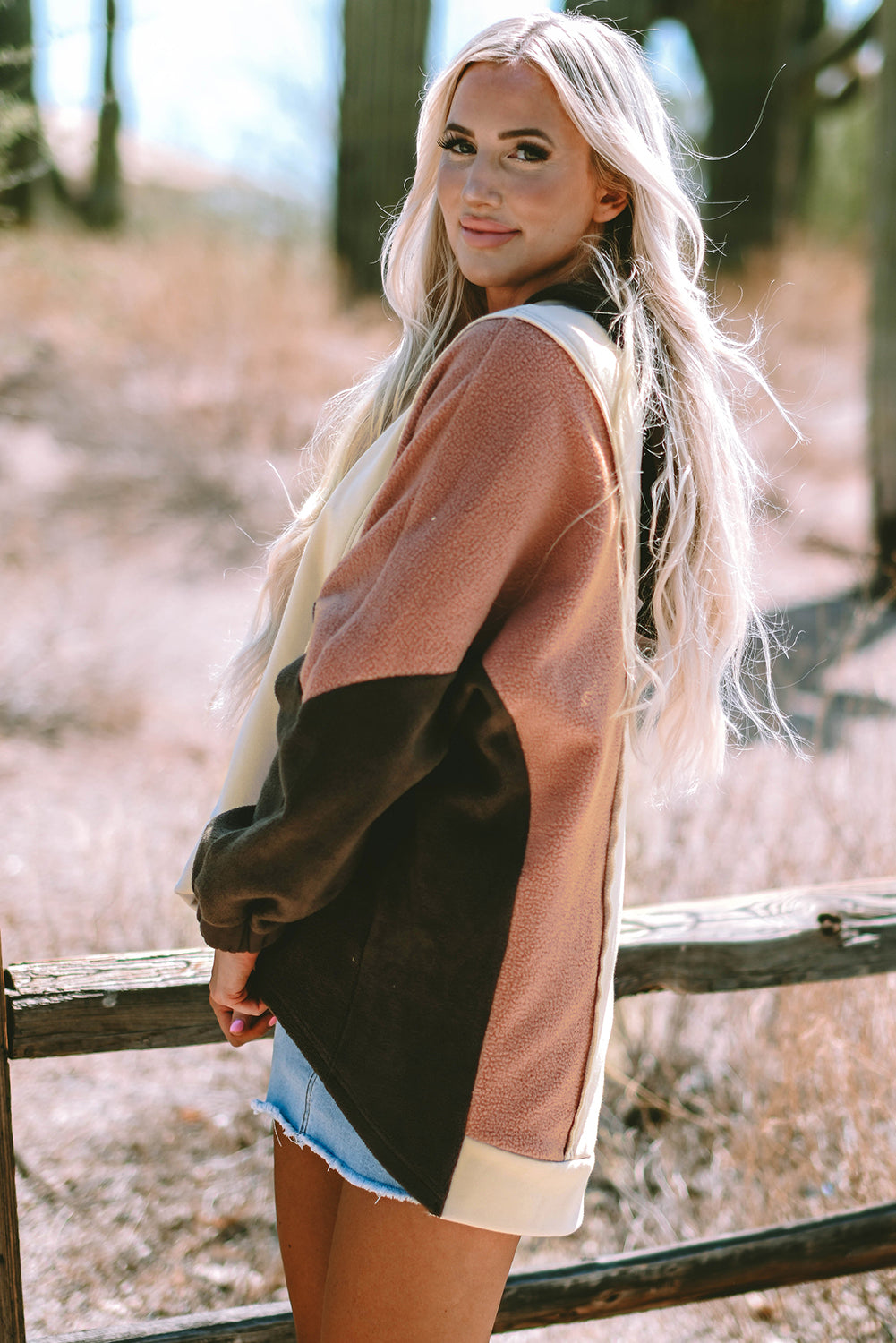 Beige Oversized Patchwork High Low Hoodie