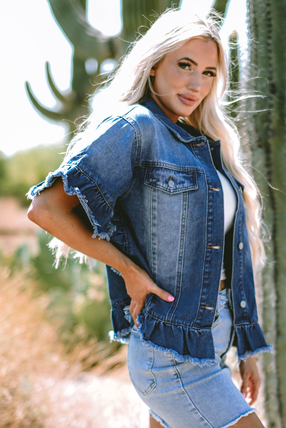 Peacock Ruffled Short Sleeve Denim Jacket
