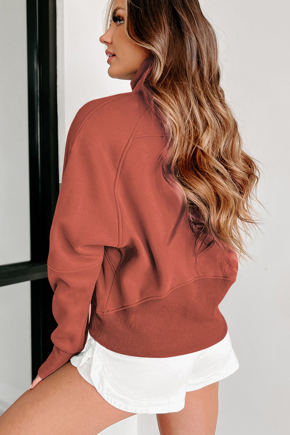 Zip Up Pop Collar Ribbed Sweatshirt