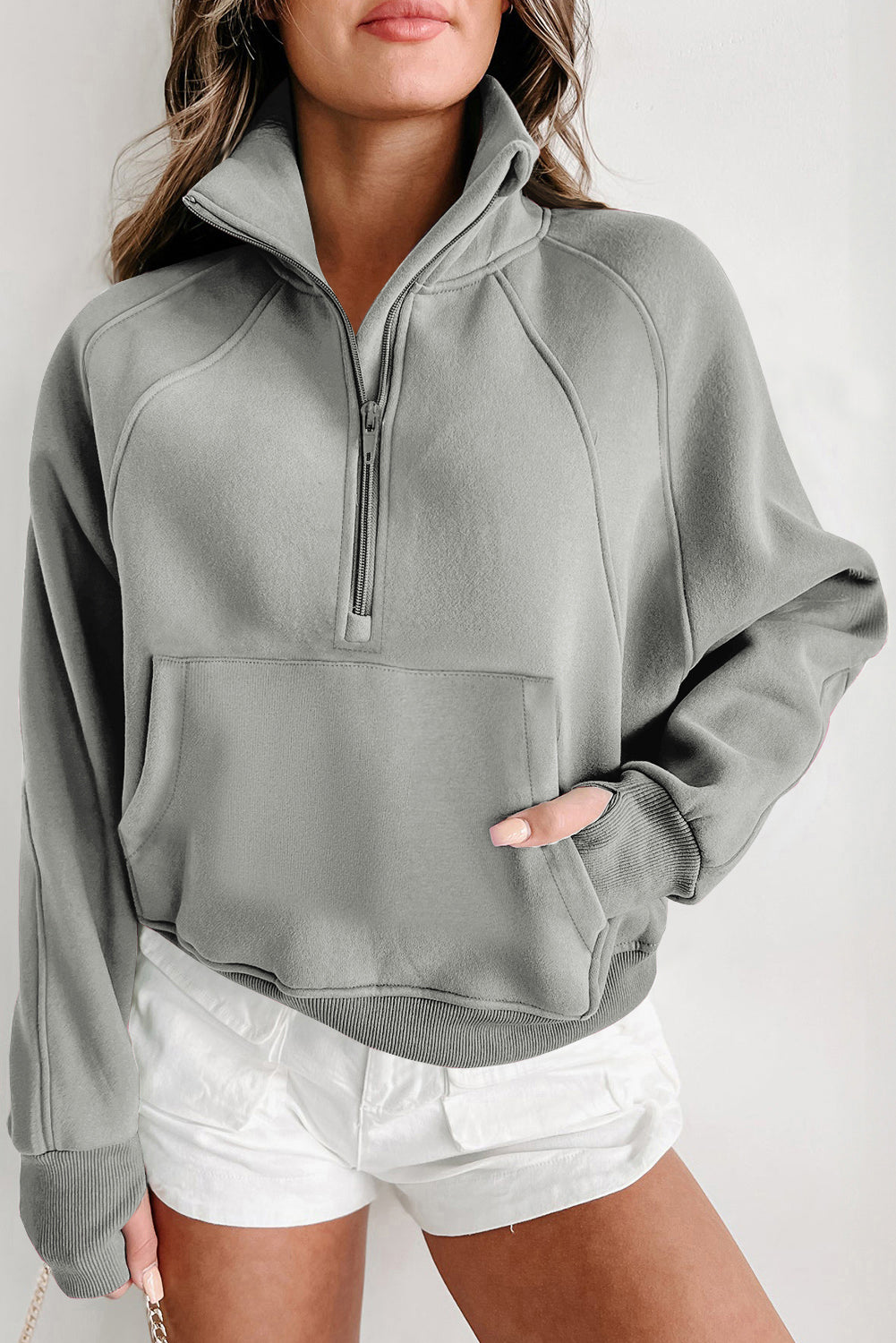 Zip Up Pop Collar Ribbed Sweatshirt