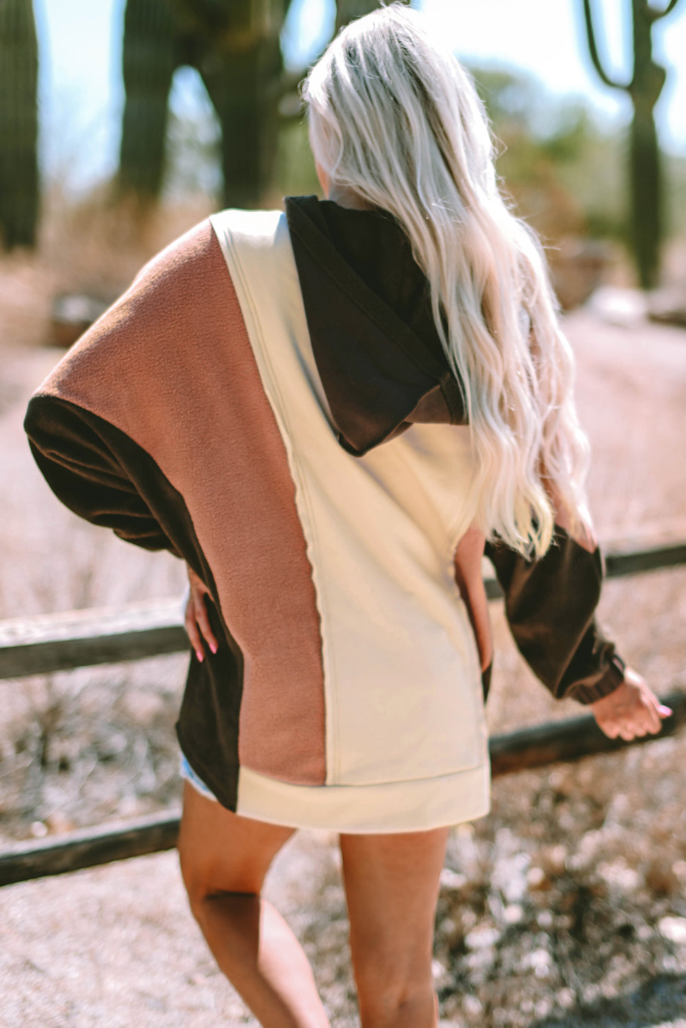 Beige Oversized Patchwork High Low Hoodie