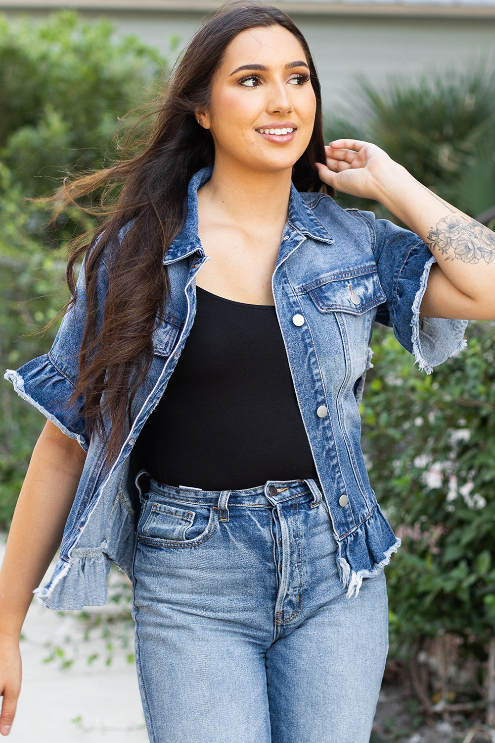 Peacock Ruffled Short Sleeve Denim Jacket