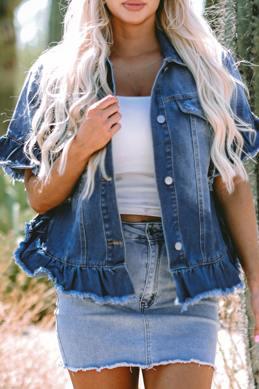 Peacock Ruffled Short Sleeve Denim Jacket