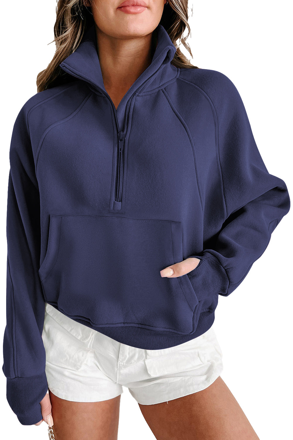 Zip Up Pop Collar Ribbed Sweatshirt
