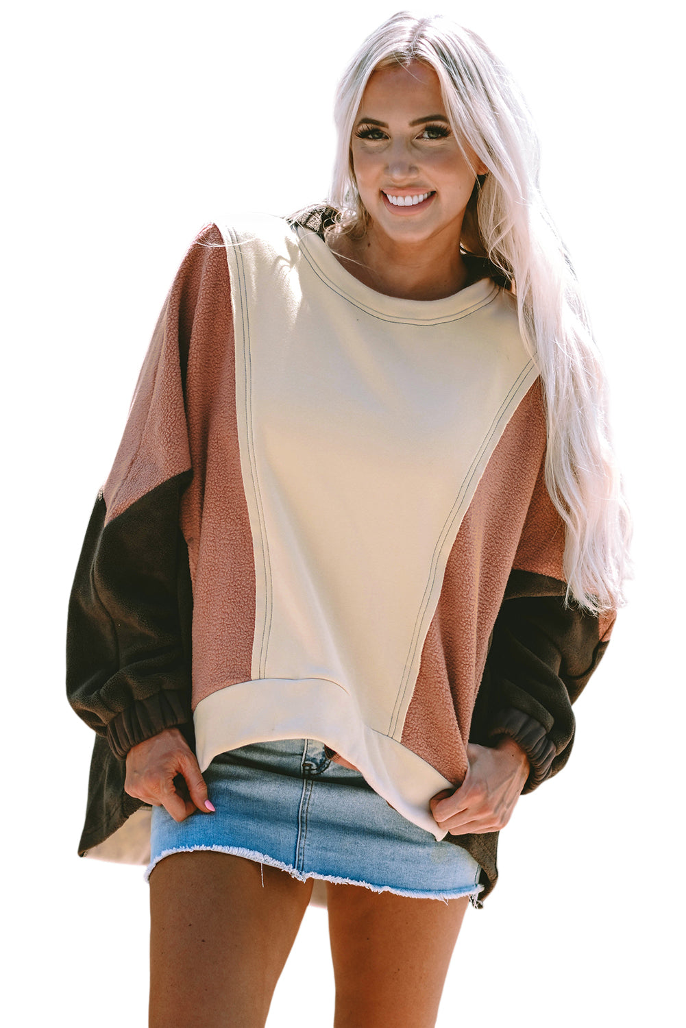 Beige Oversized Patchwork High Low Hoodie