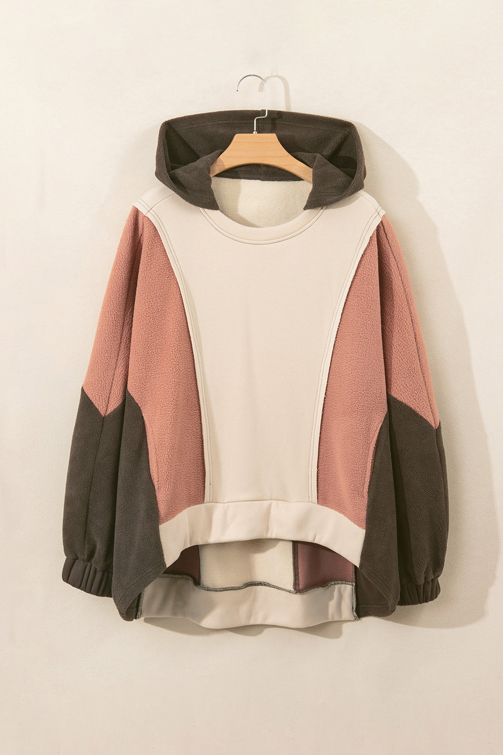 Beige Oversized Patchwork High Low Hoodie