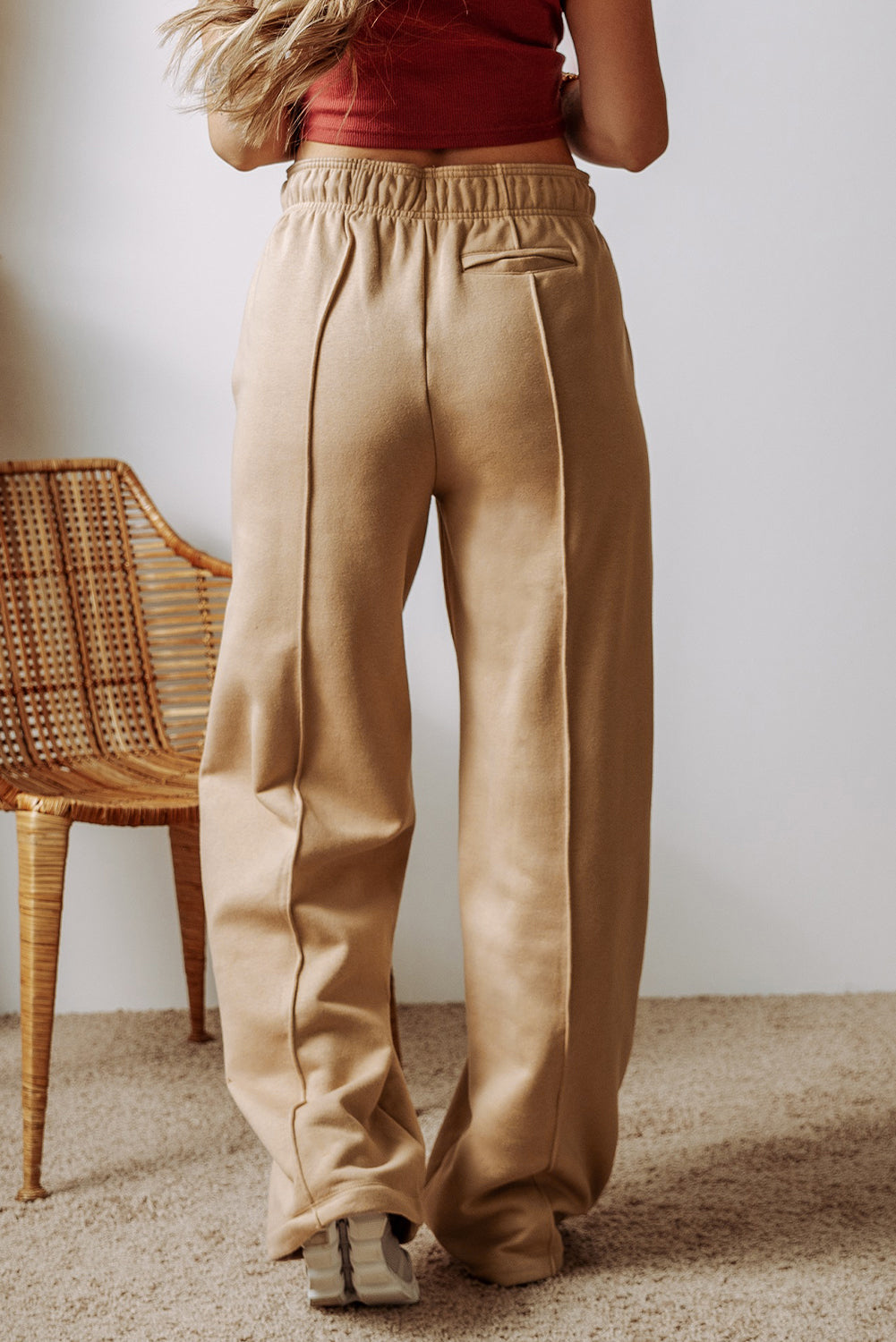 Khaki Drawstring High Waist Pants