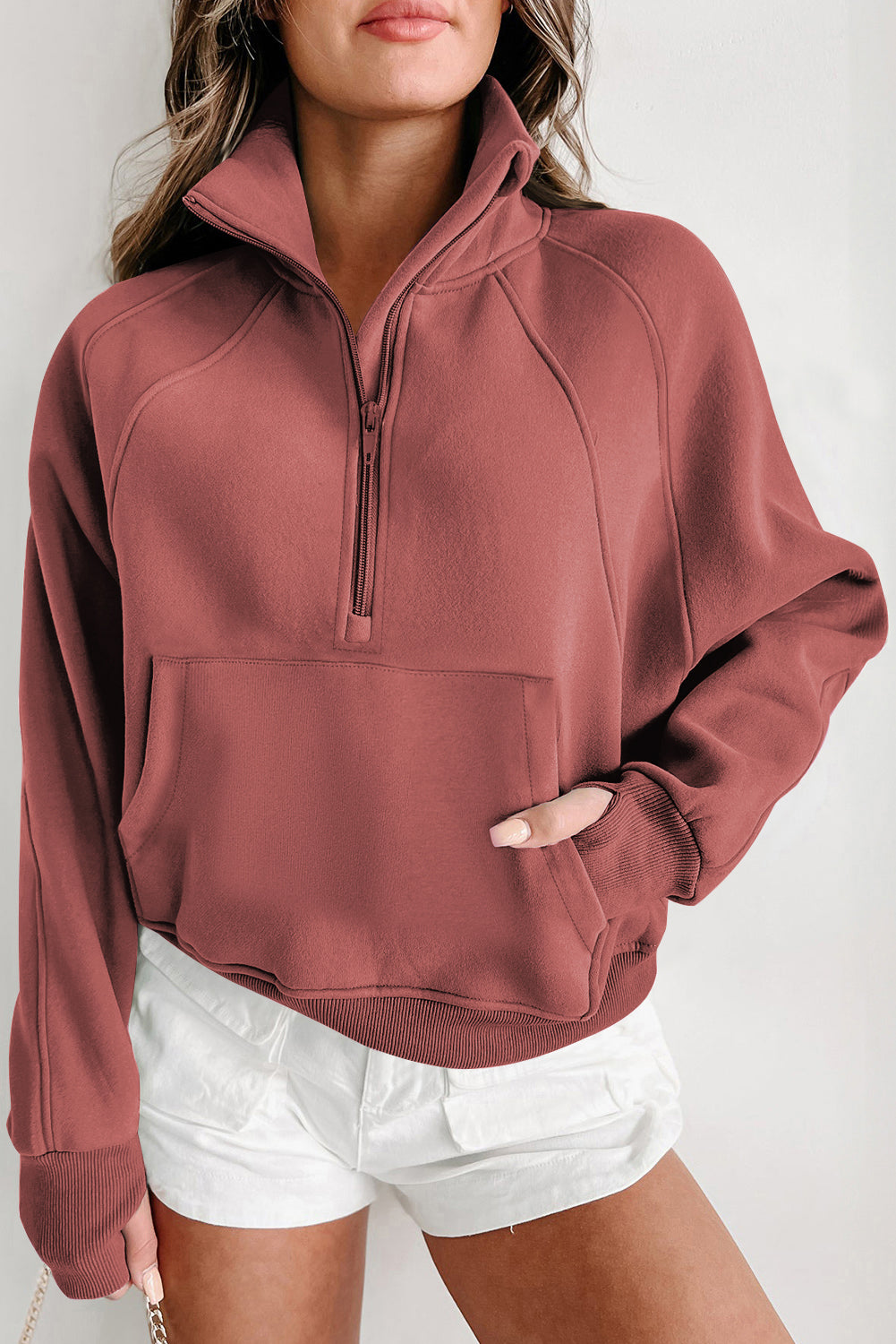 Zip Up Pop Collar Ribbed Sweatshirt