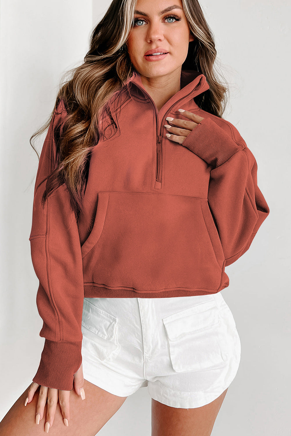 Zip Up Pop Collar Ribbed Sweatshirt