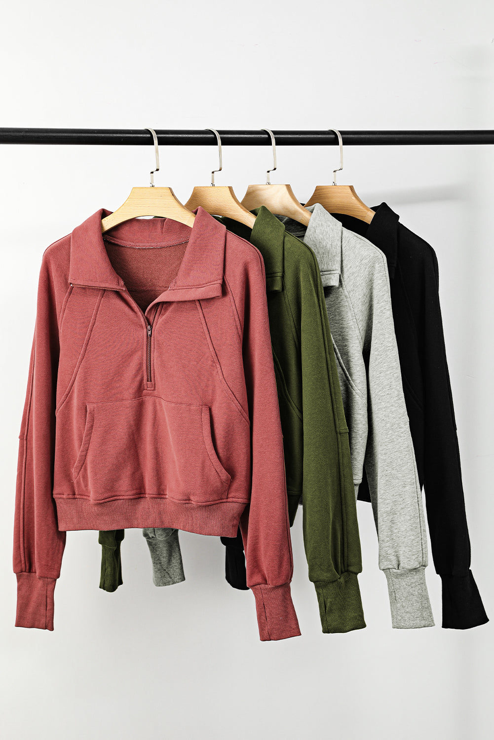 Zip Up Pop Collar Ribbed Sweatshirt