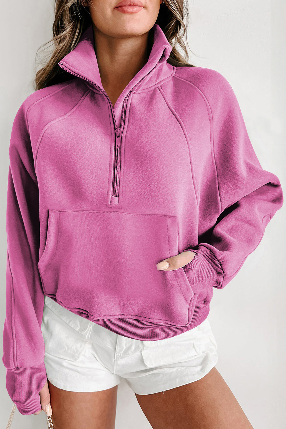 Zip Up Pop Collar Ribbed Sweatshirt