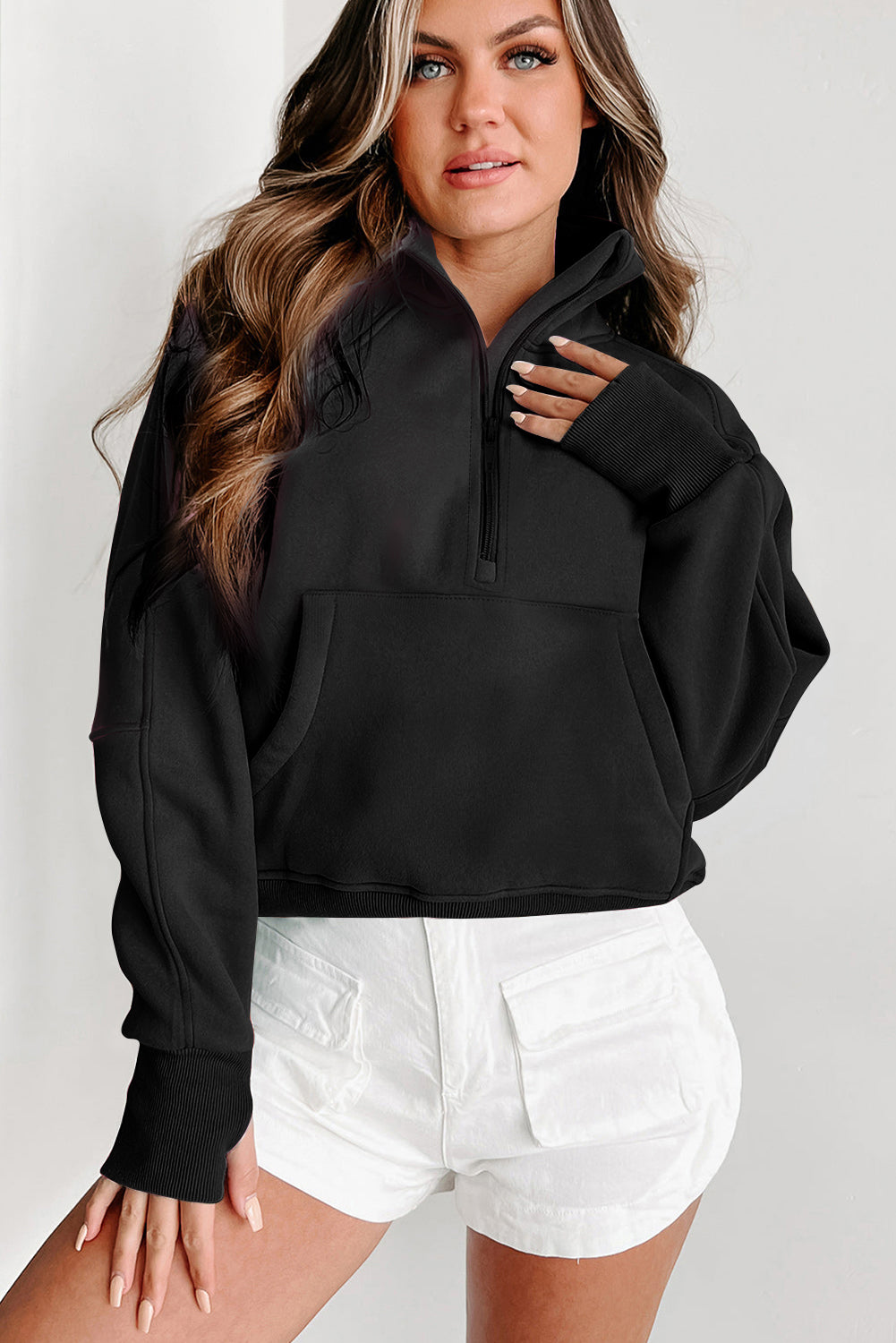 Zip Up Pop Collar Ribbed Sweatshirt