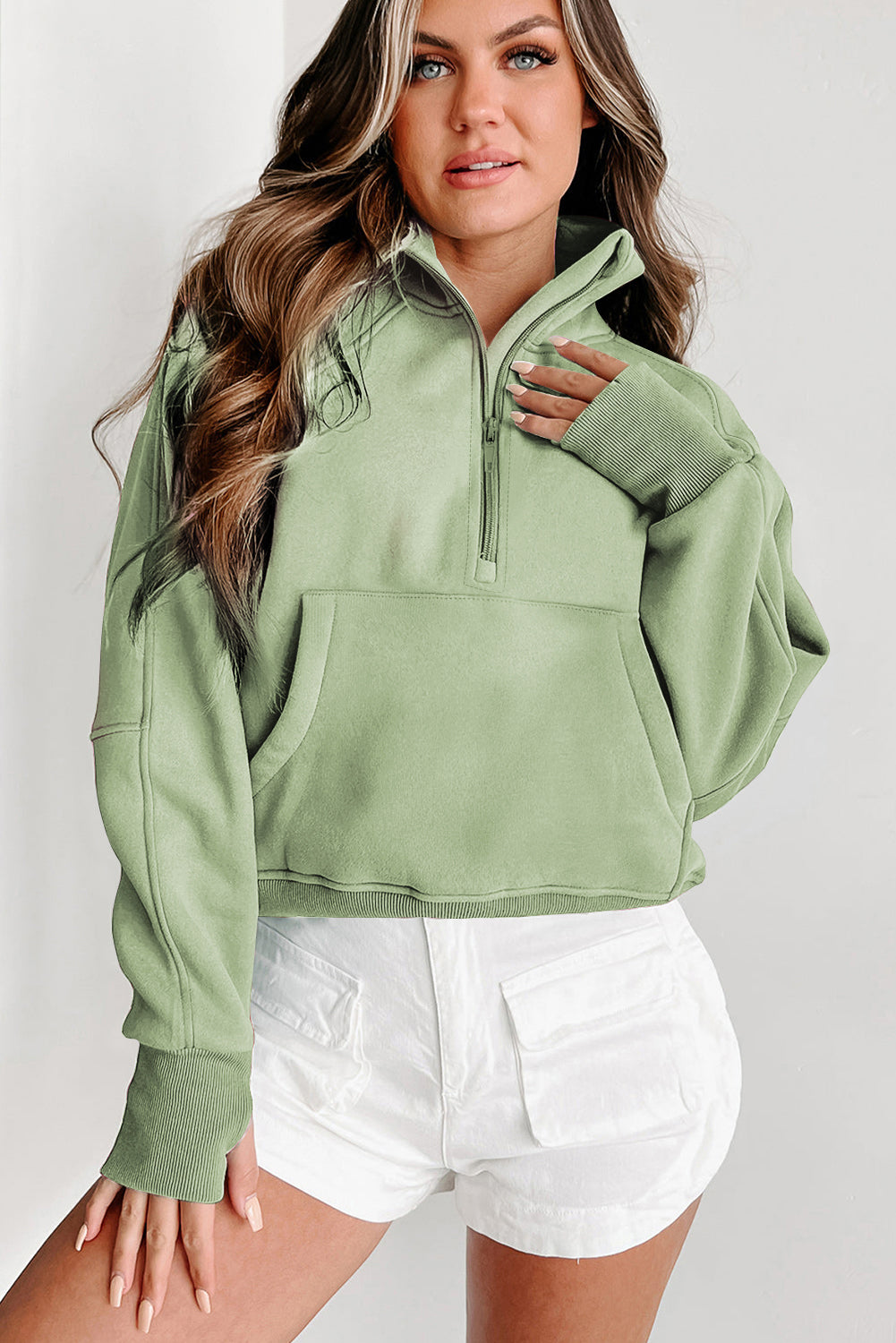 Zip Up Pop Collar Ribbed Sweatshirt