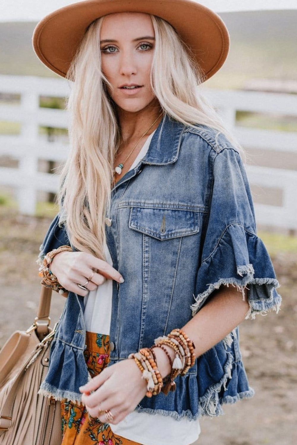 Peacock Ruffled Short Sleeve Denim Jacket