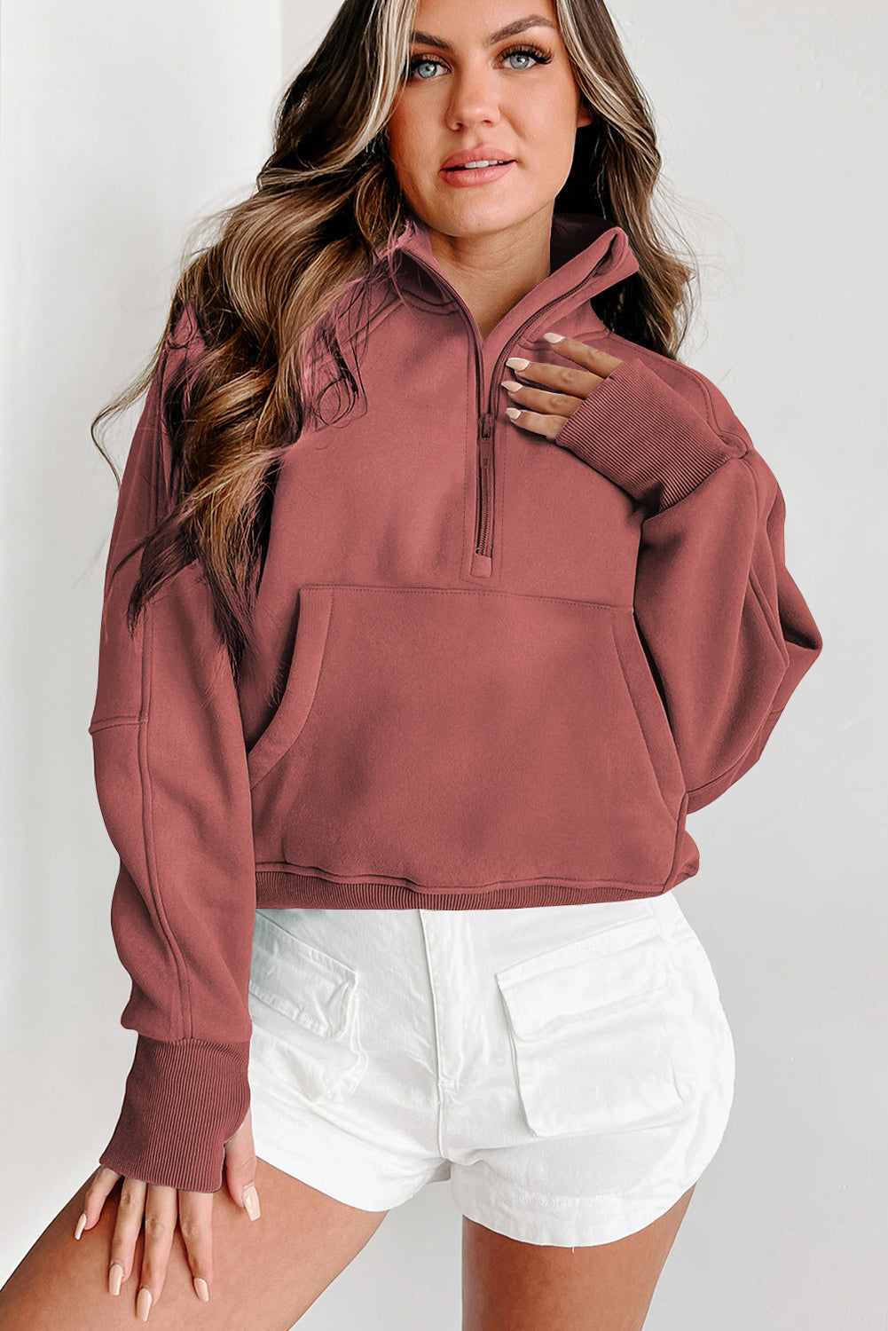 Zip Up Pop Collar Ribbed Sweatshirt