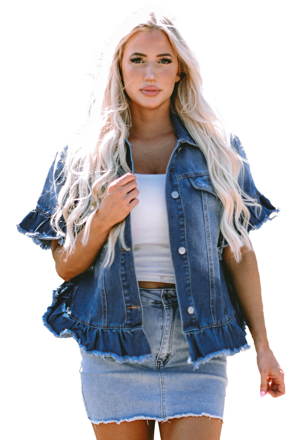 Peacock Ruffled Short Sleeve Denim Jacket