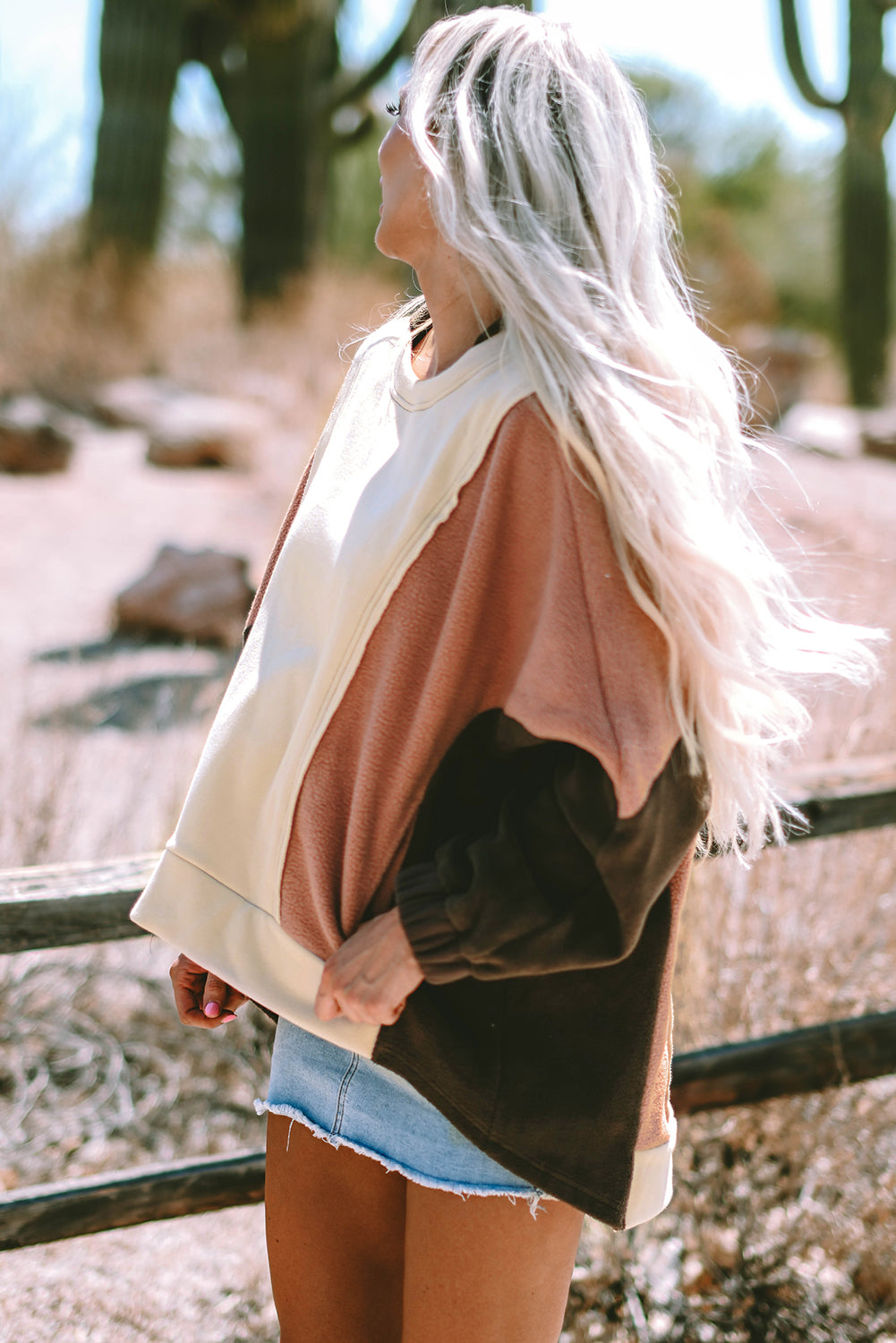 Beige Oversized Patchwork High Low Hoodie