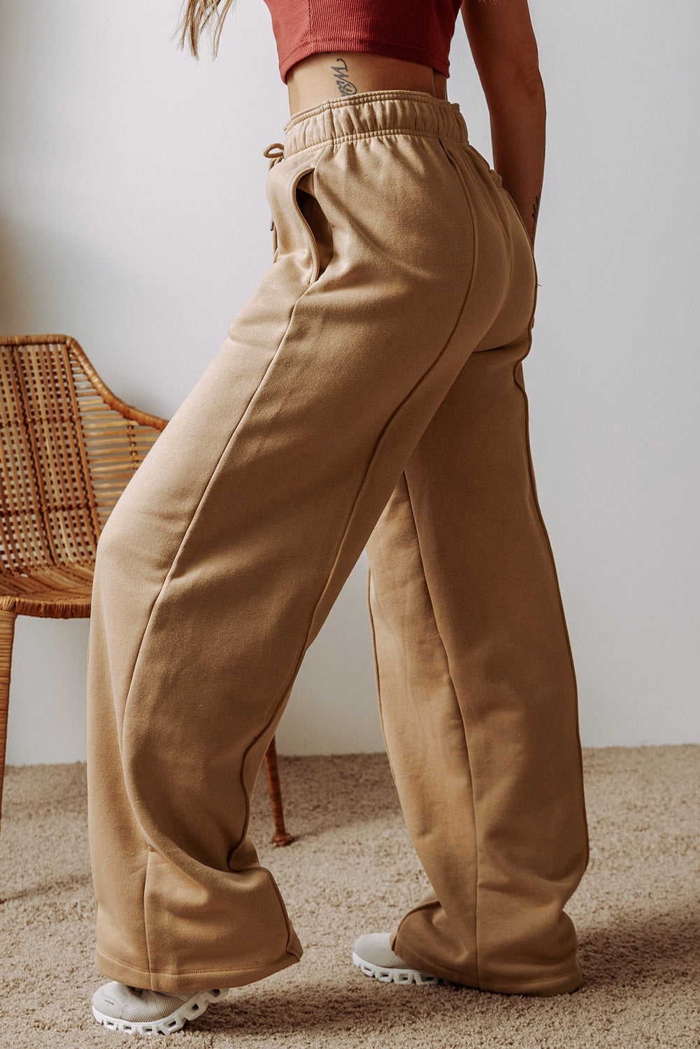 Khaki Drawstring High Waist Pants
