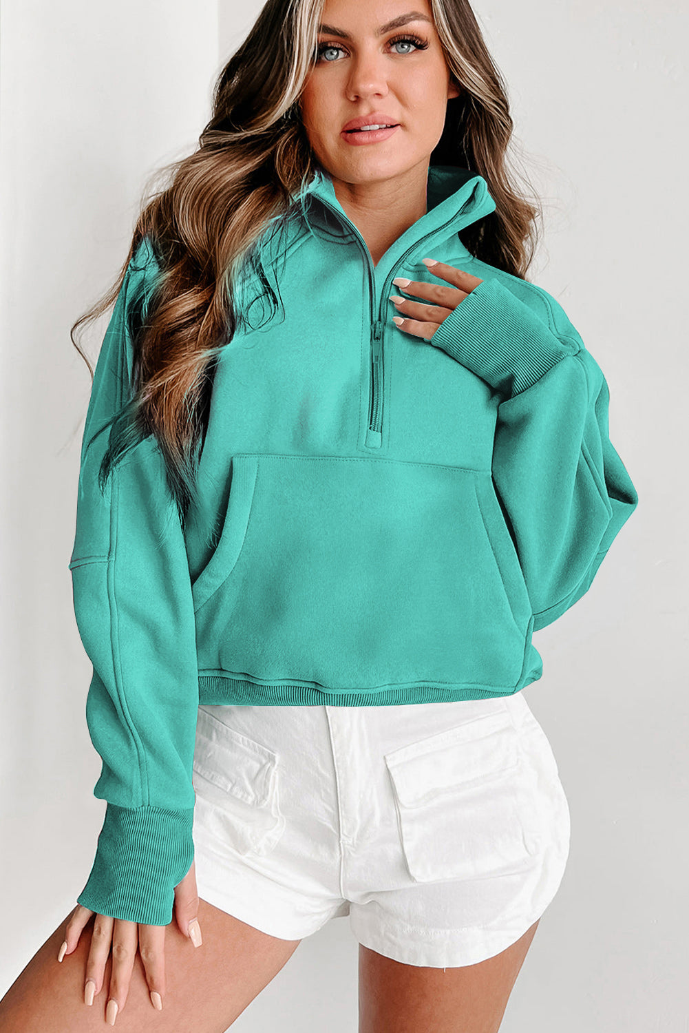 Zip Up Pop Collar Ribbed Sweatshirt