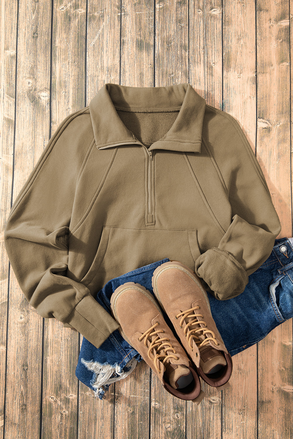 Zip Up Pop Collar Ribbed Sweatshirt