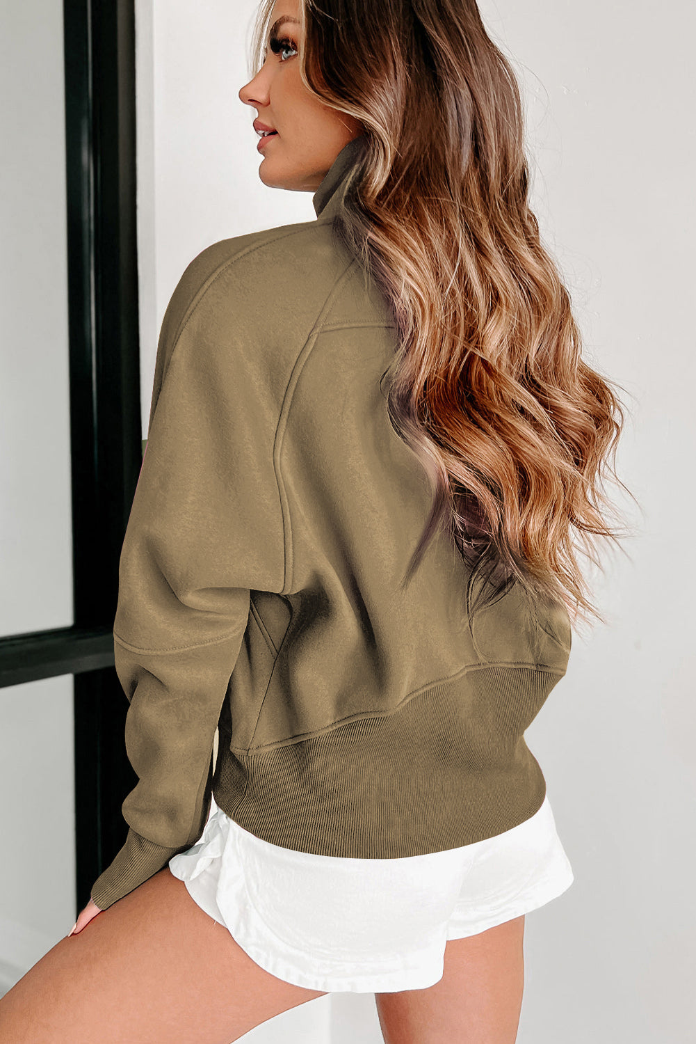 Zip Up Pop Collar Ribbed Sweatshirt