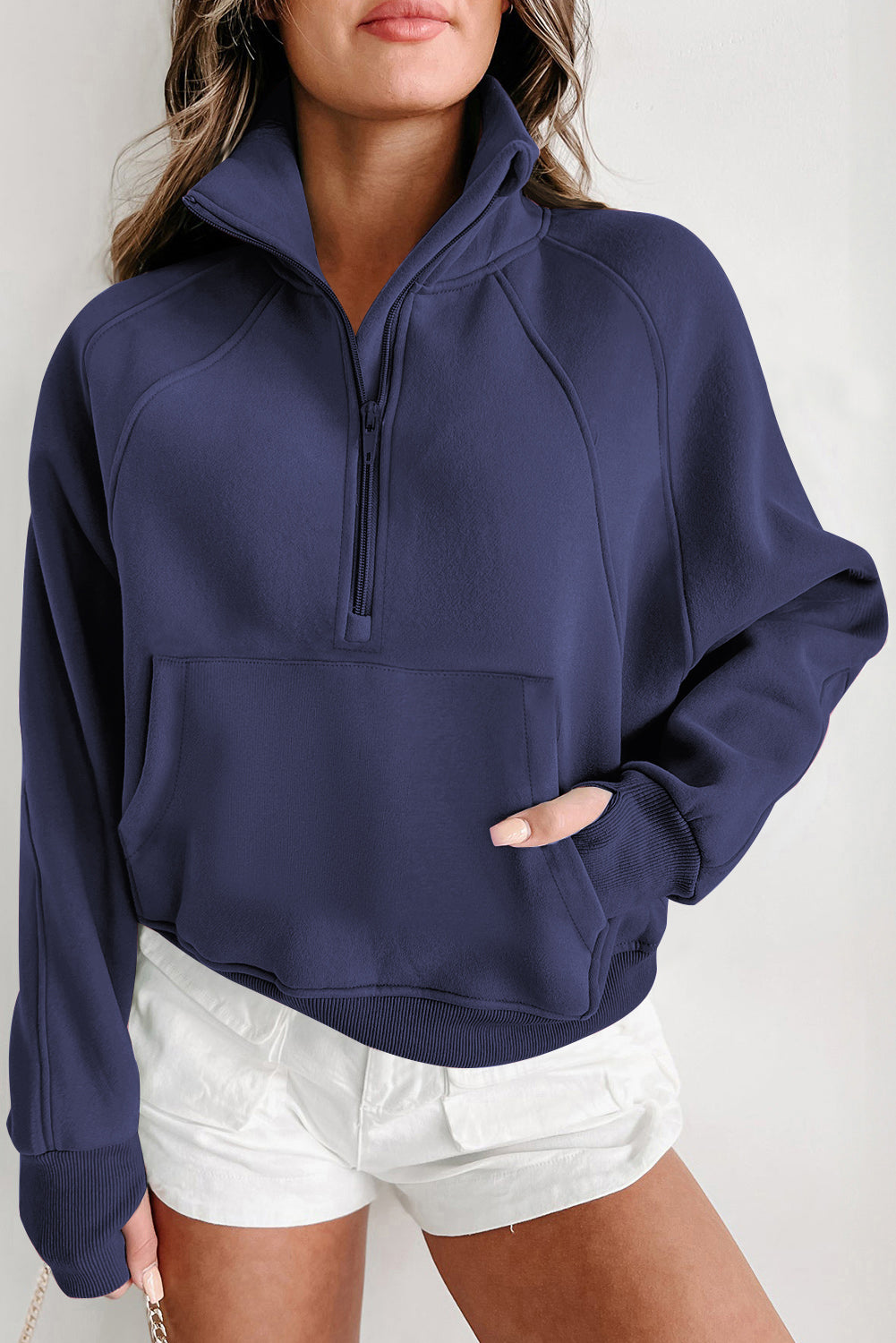 Zip Up Pop Collar Ribbed Sweatshirt