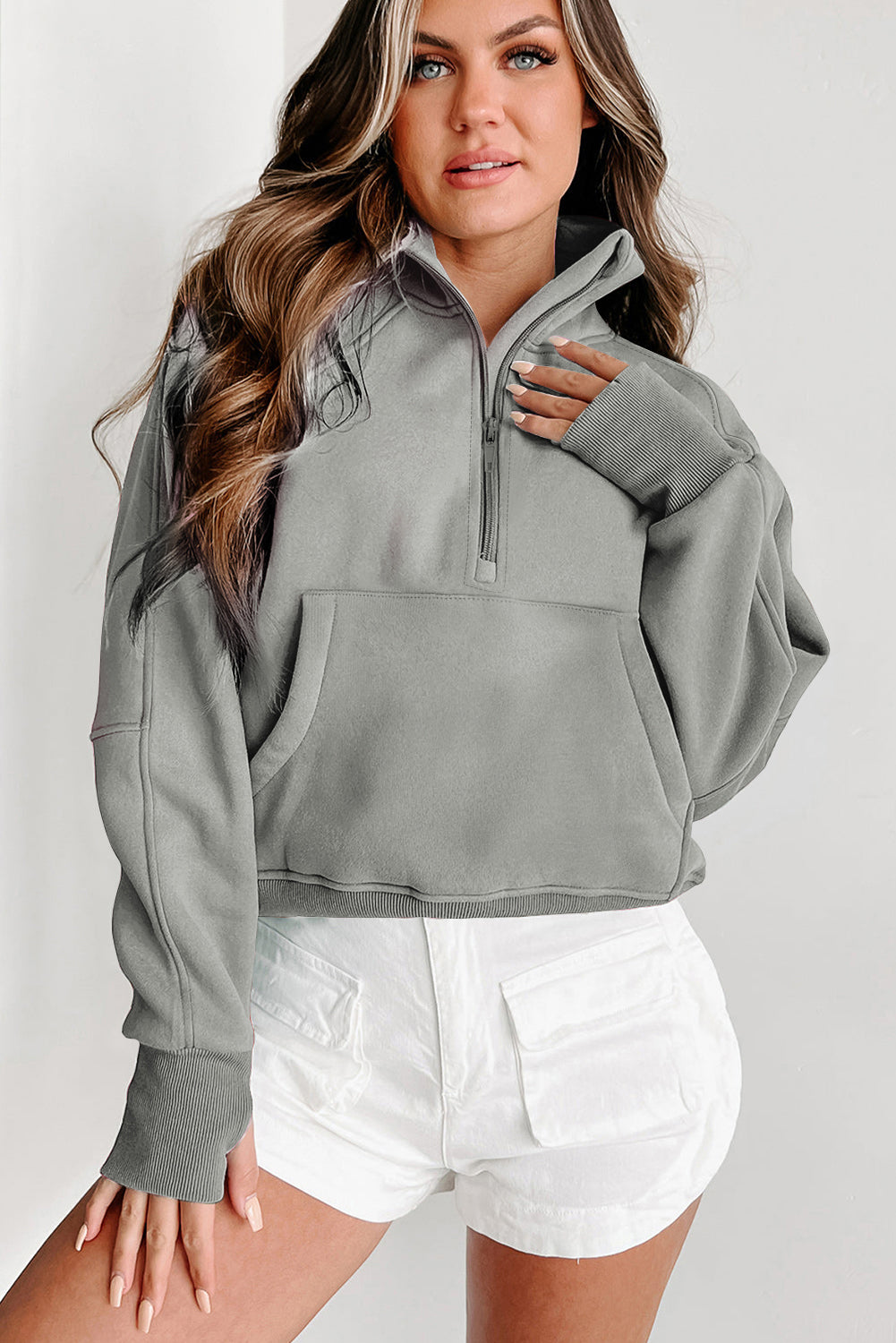Zip Up Pop Collar Ribbed Sweatshirt