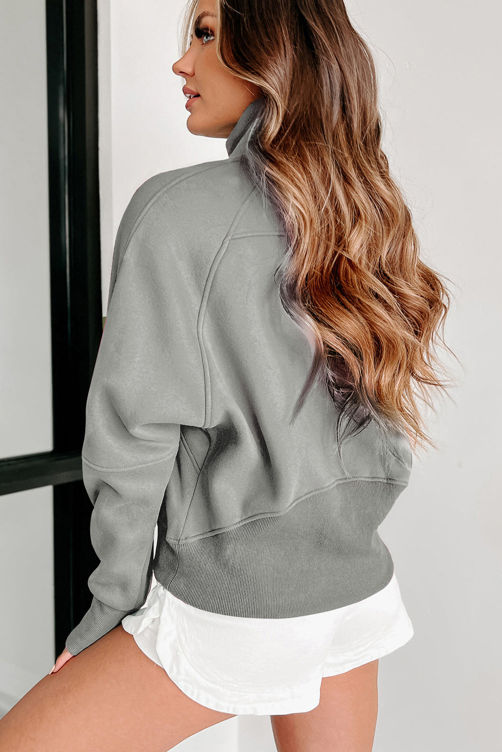 Zip Up Pop Collar Ribbed Sweatshirt
