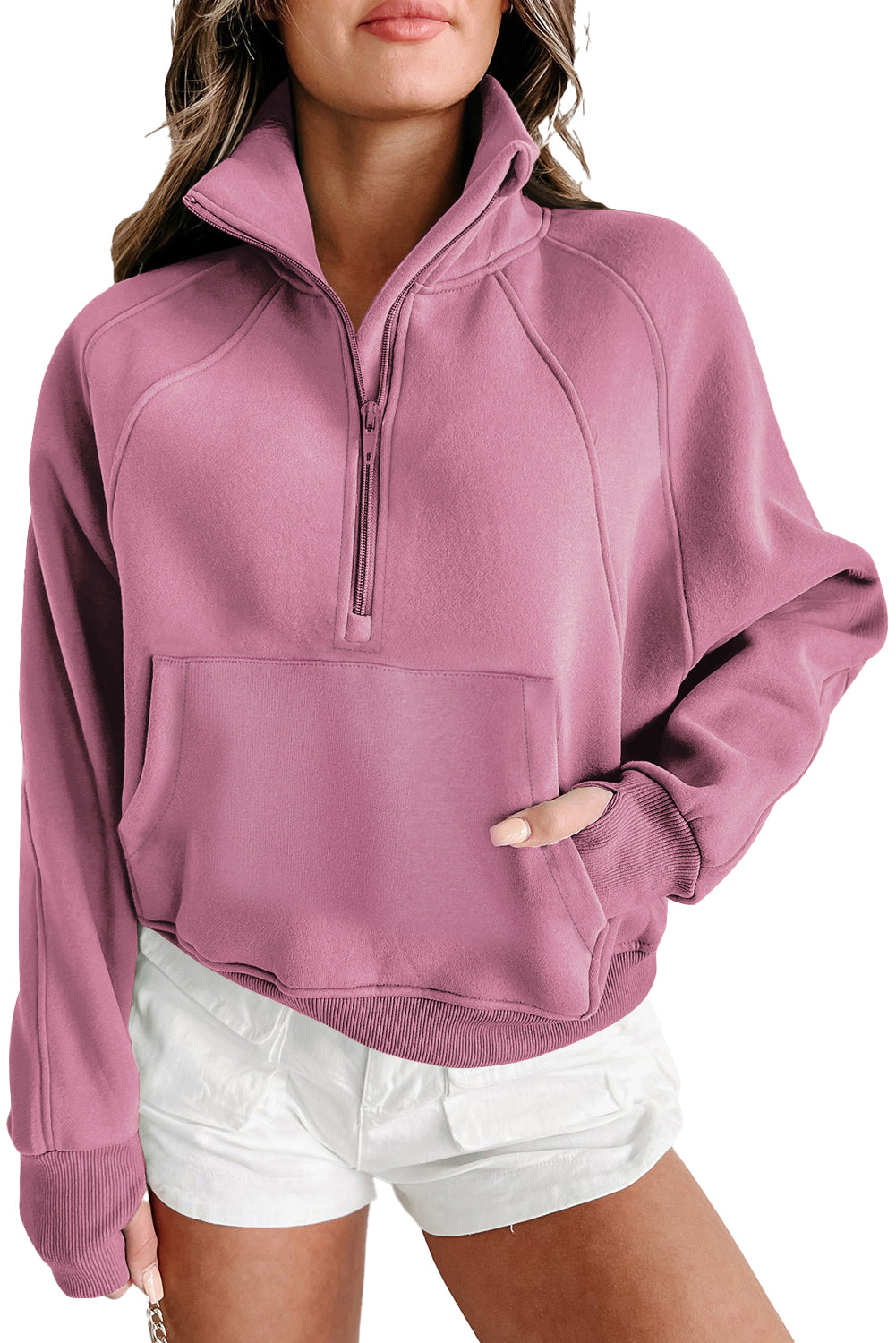 Zip Up Pop Collar Ribbed Sweatshirt